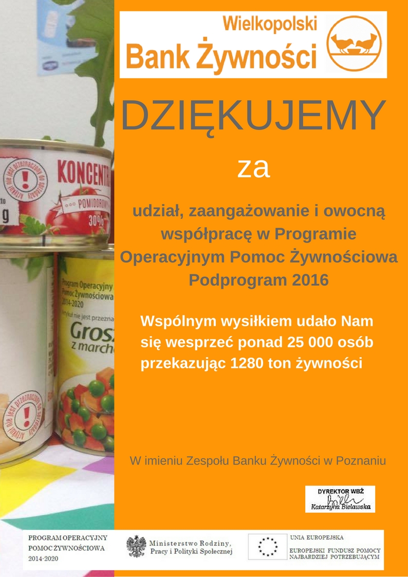 Podziękowania dla CUS Jarocin od Wielkopolskiego Banku Żywności