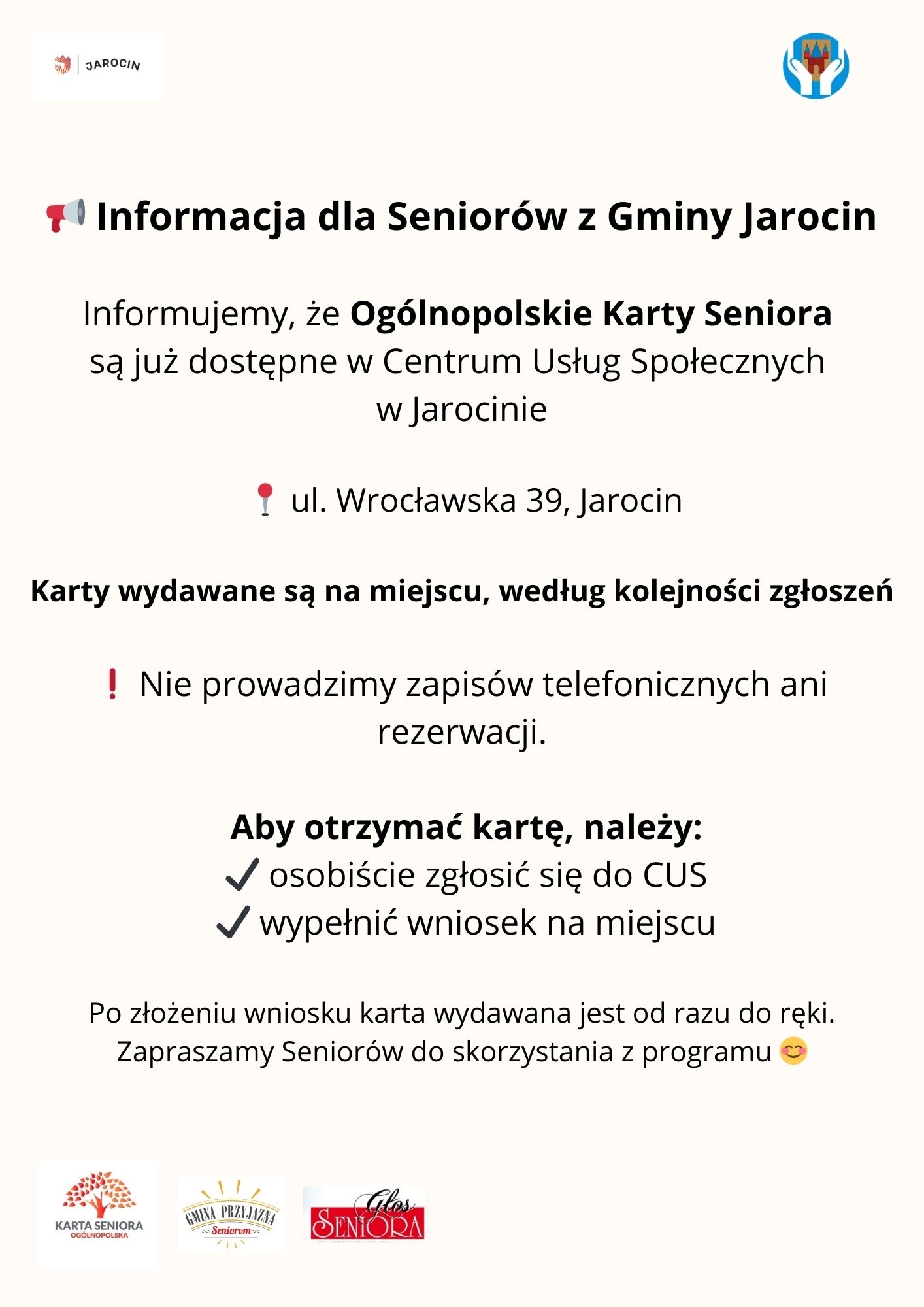 📢 Informacja dla Seniorów z Gminy Jarocin Informujemy, że Ogólnopolskie Karty Seniora są już dostępne w Centrum Usług Społecznych w Jarocinie 📍 ul. Wrocławska 39, Jarocin Karty wydawane są na mi